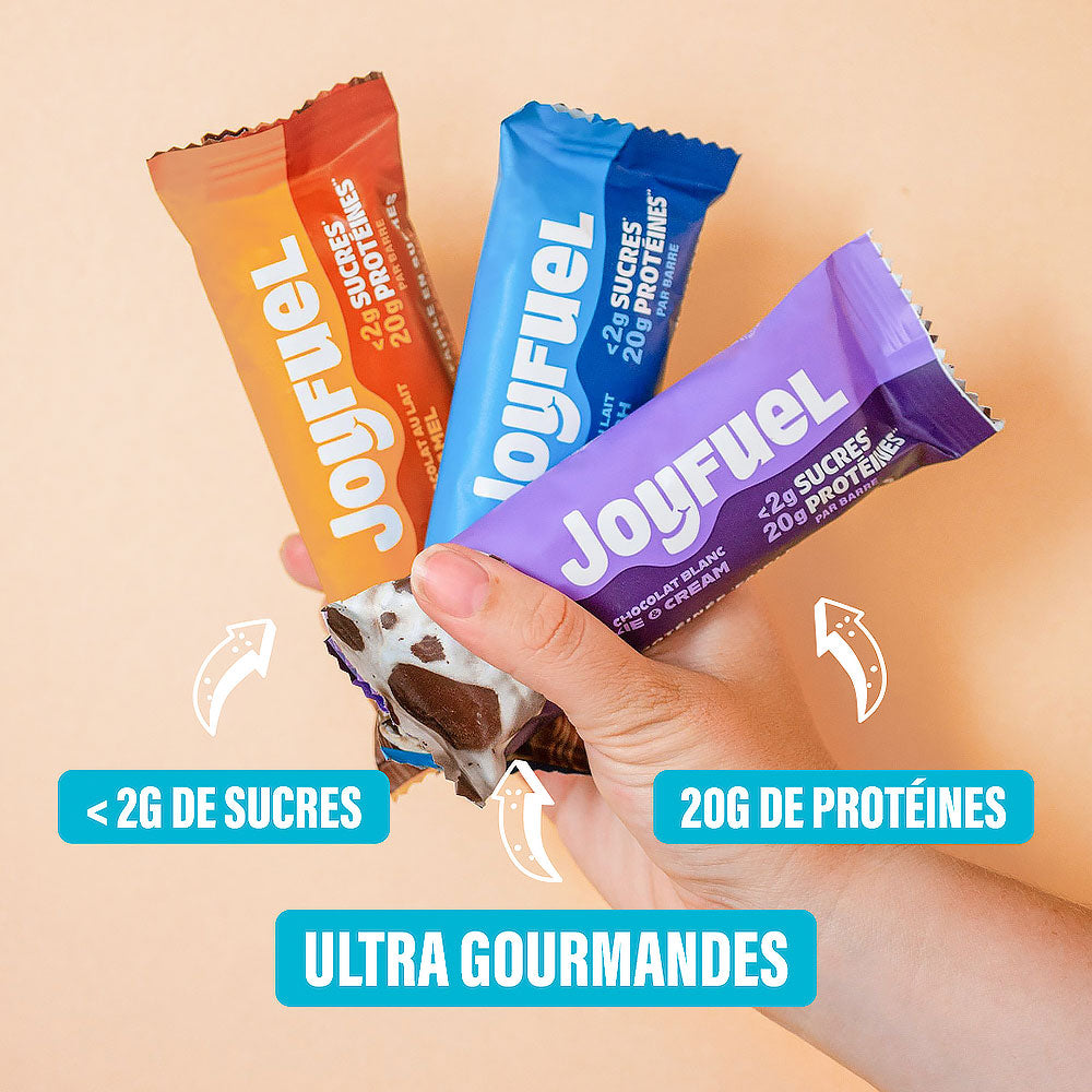 JOYFUEL : Chocolat blanc et cookie cream : x12 barres protéinées