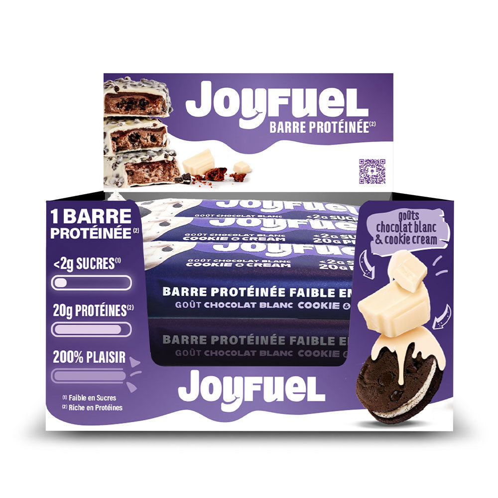 JOYFUEL: Chocolate blanco y crema de galletas: x12 barritas proteicas